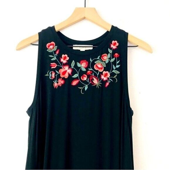 Loft Floral Embroidered Sleeveless Jersey Black Swing Dress - Picture 5 of 12